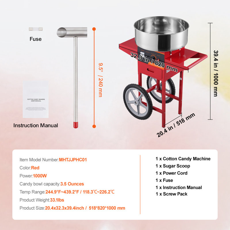 Machine à barbe à papa électrique avec chariot, machine à barbe à papa commerciale de 1000 W avec bol en acier inoxydable, cuillère à sucre et tiroir, parfaite pour la maison, l'anniversaire des enfants, une fête de famille, rouge