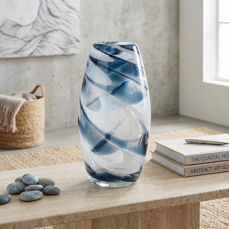Hand-Blown Glass Vase with Elegant Swirl Design, 12" H x 6" W x 6" D