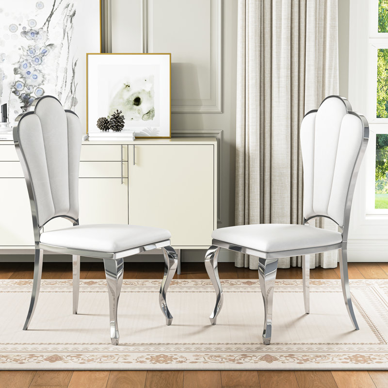 Mery 19'' H Faux Leather Upholstered Side Chair, White, Silver
