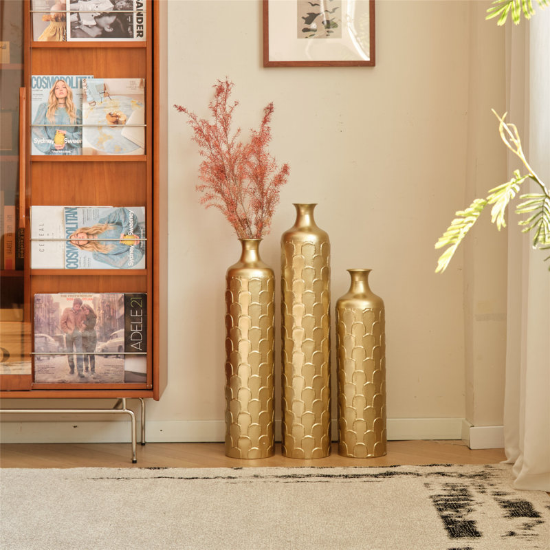Elegant White Metal Vases Set of 3, Durable and Stylish Home Decor with Textured Finish and Various Heights