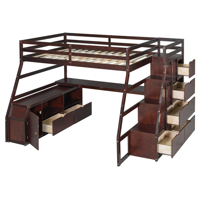 Lit mezzanine double avec 7 tiroirs, 2 tablettes et un bureau, Espresso