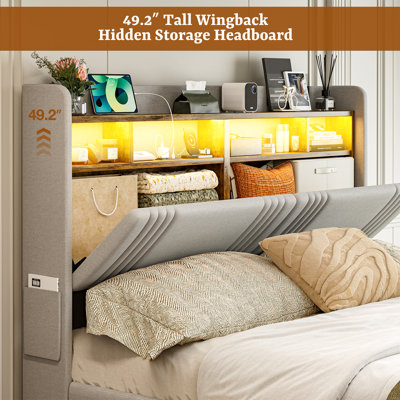 King Size Bed Frame With Hidden Storage Headboard & 4 Drawers, 49.2” Tall Upholstered Wingback Headboard With Led Lights And Charging Station, No Box Spring Needed, Solid Wood Slats, Grey