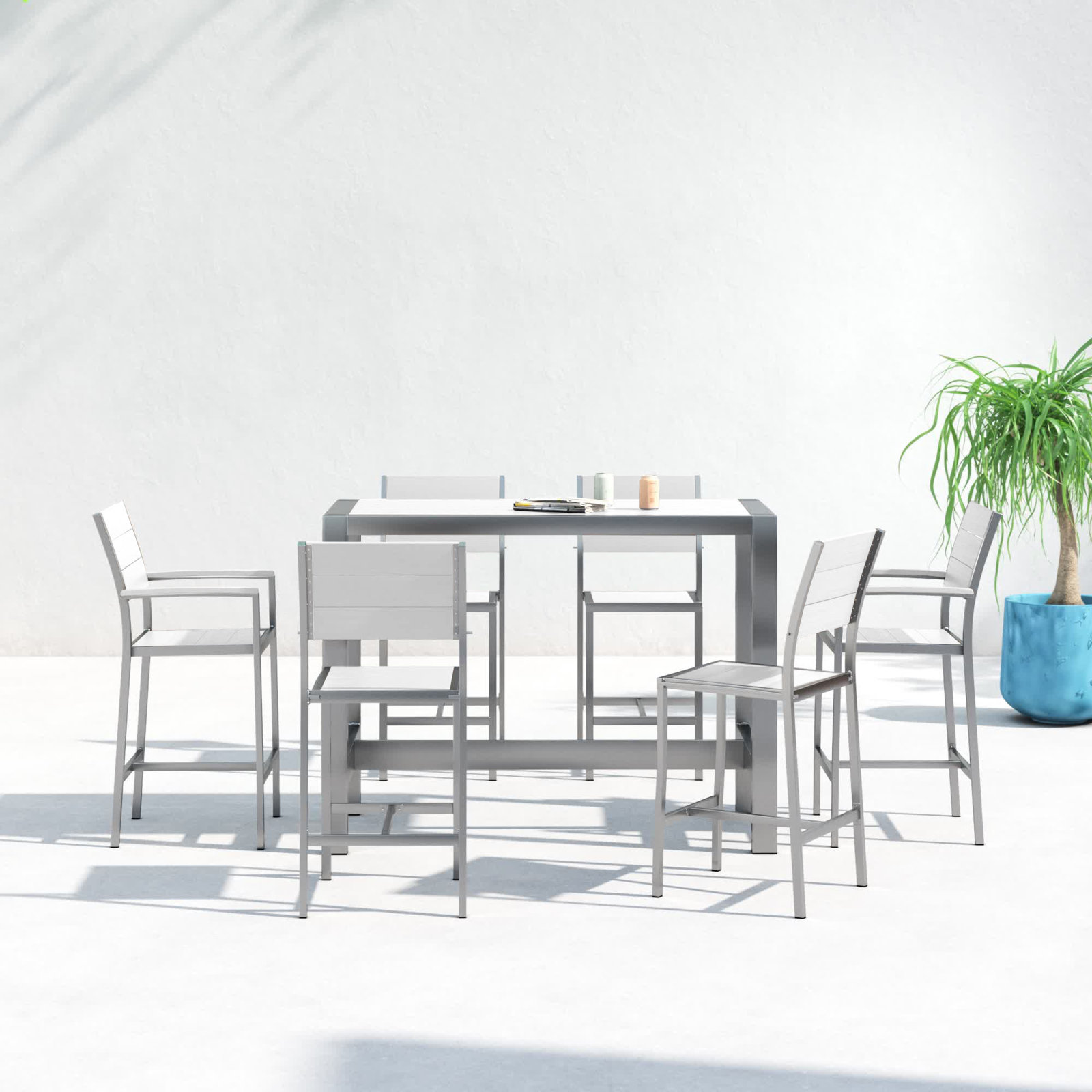 Betty Rectangular 6 - Person 59" Long Aluminum Bar Height Dining Set, White, Silver