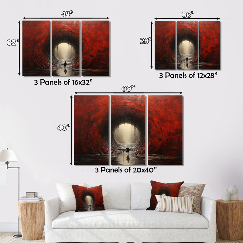 Tunnel abstrait en bois rouge I sur toile, 3 pièces, H 28 po x l 36 po x P 1 po
