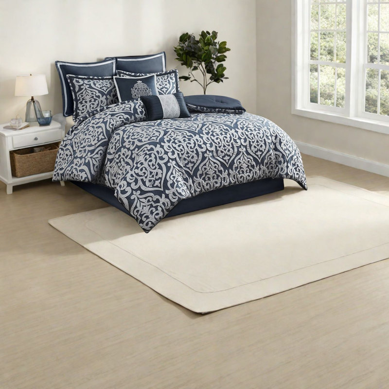 Ensemble de literie en jacquard damassé luxueux, bleu marine, très grand lit