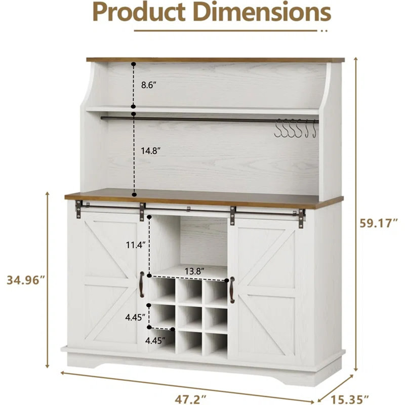 Abrianna 47" Farmhouse Coffee Bar with 3-Tier Storage, Kitchen Hutch with 9 Wine Racks & 3 Glass Holders, Coffee Hutch Cabinet with 6 Hooks, Wine Bar Cabinet for Kitchen, Dining Room, Living Room