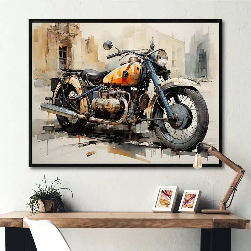 Souvenir de motocyclette rétro, H 30 po x l 40 po x P 1,5 po, Cadre flottant noir