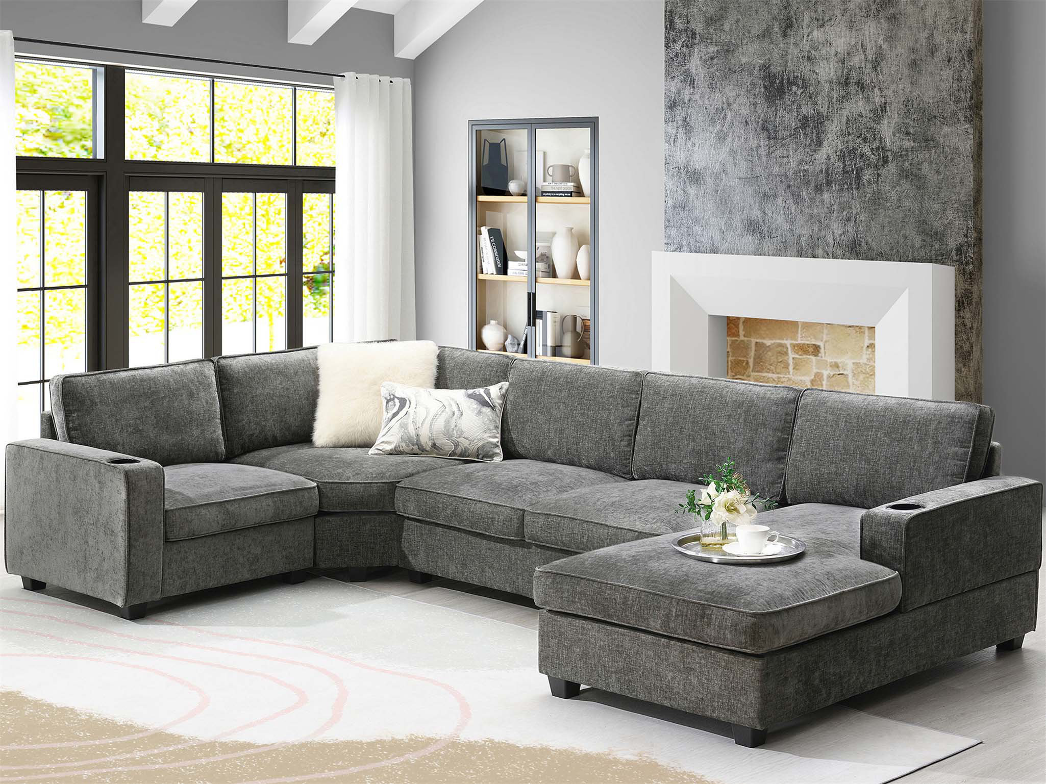 Hokku Designs 119*67 U Shaped Sectional Sofa, 6-Seat Chenille Couch Set ...