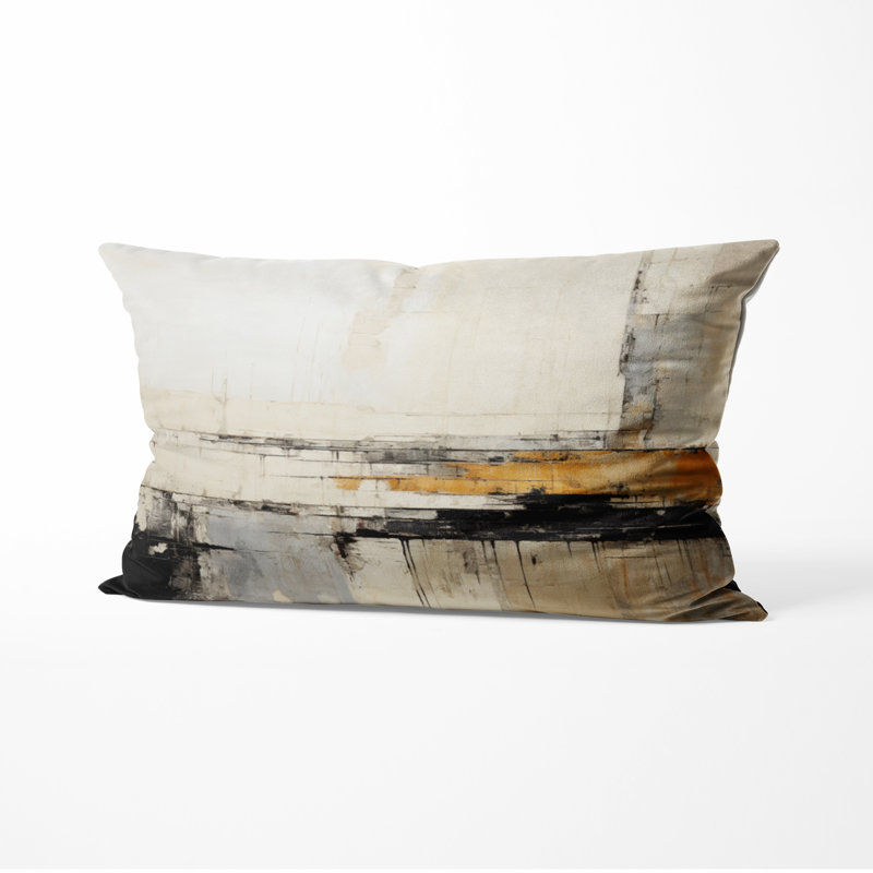 Coussin décoratif abstrait noir et beige, H 12 po x l 20 po