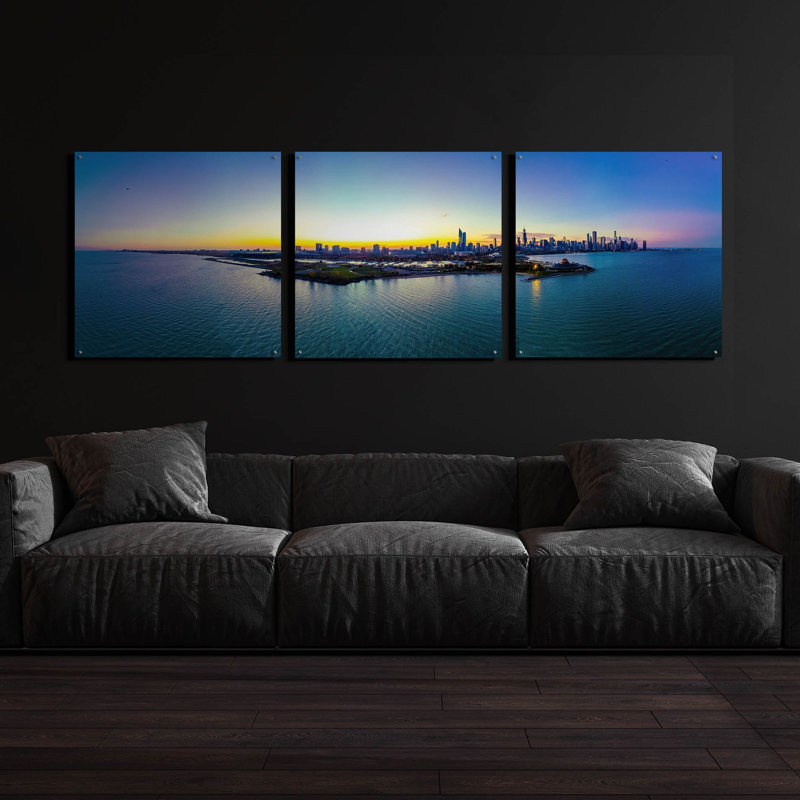 «Chicago - Planétarium coucher de soleil» par Epic Portfolio, ensemble d'art mural en verre acrylique, 3 pièces