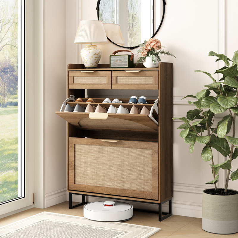 16 Pair Shoe Storage Cabinet with 2 Flip Drawers & 2 Storage Drawers Arched Fluted Design, Natural