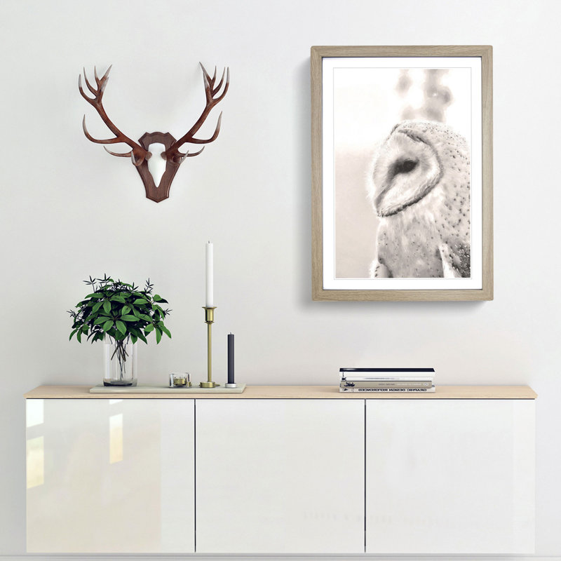 Watchful Barn Owl Bird - Picture Frame Graphic Art Print, 76cm H x 50cm W x 2cm D, Oak