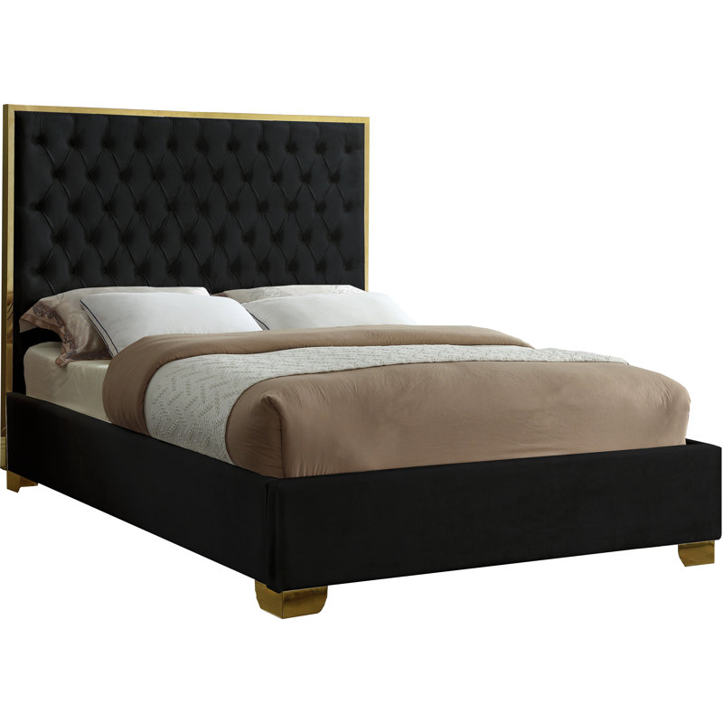 Lit plateforme tapissier capitonné Spadaro, Grand, Velours noir, Or