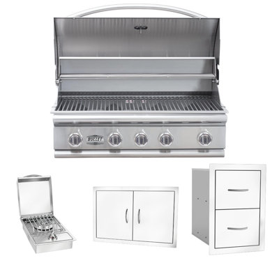 Ensemble de barbecue d'extérieur en acier inoxydable Bullet par Bull, ensemble d'îlot de barbecue au gaz naturel intégré, comprenant 5 brûleurs, brûleur latéral, double porte d'accès et double tiroir de rangement