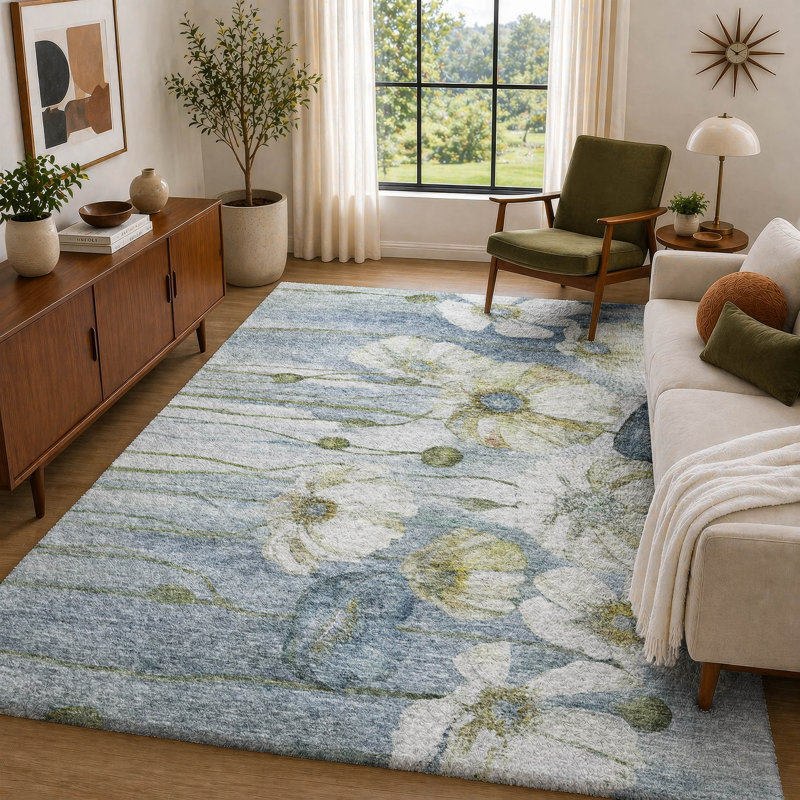 Tapis floral à poils longs de qualité supérieure lavable à la machine ADS712, Bleu, 3 pi x 5 pi