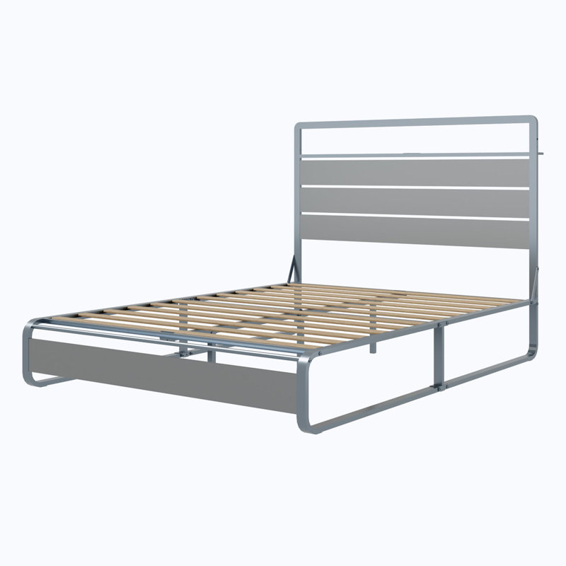 Bed Frame with Headboard, Metal Platform Bed Frame with Charging Station, Heavy Duty Platform Bed Frame with LED