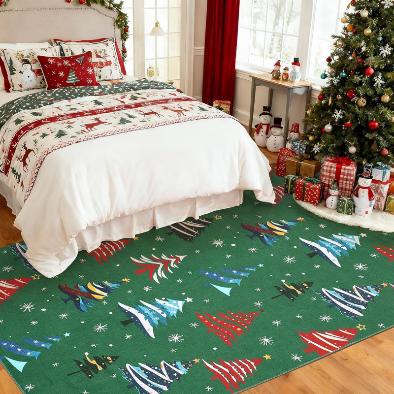 Rug, Christmas Rugs with Xmas Tree Pattern for Holiday Decor, Non Slip Low Pile Washable Rug for Kitchen, Entryway, Living Room, Bedroom, 