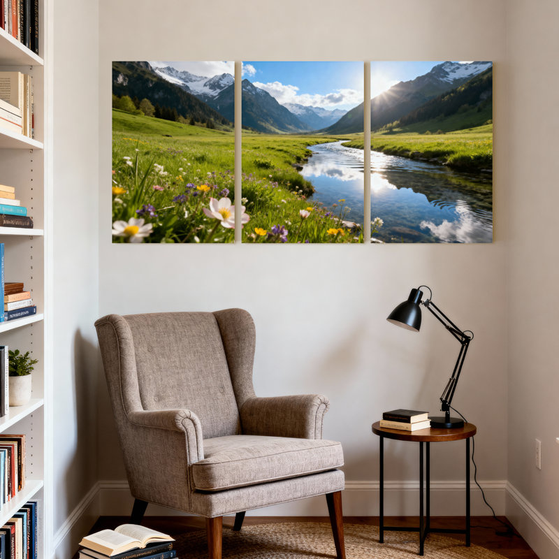 Ensemble de 3 impressions d'art sur toile, paysage de montagne et paysage urbain, H 18 po x l 36 po