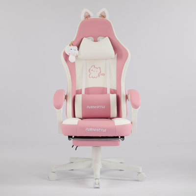 Chaise de jeu mignonne avec oreilles de chat, accessoires de sonnerie et soutien lombaire, chaise d'ordinateur ergonomique pour fille avec repose-pieds et accoudoirs rembourrés