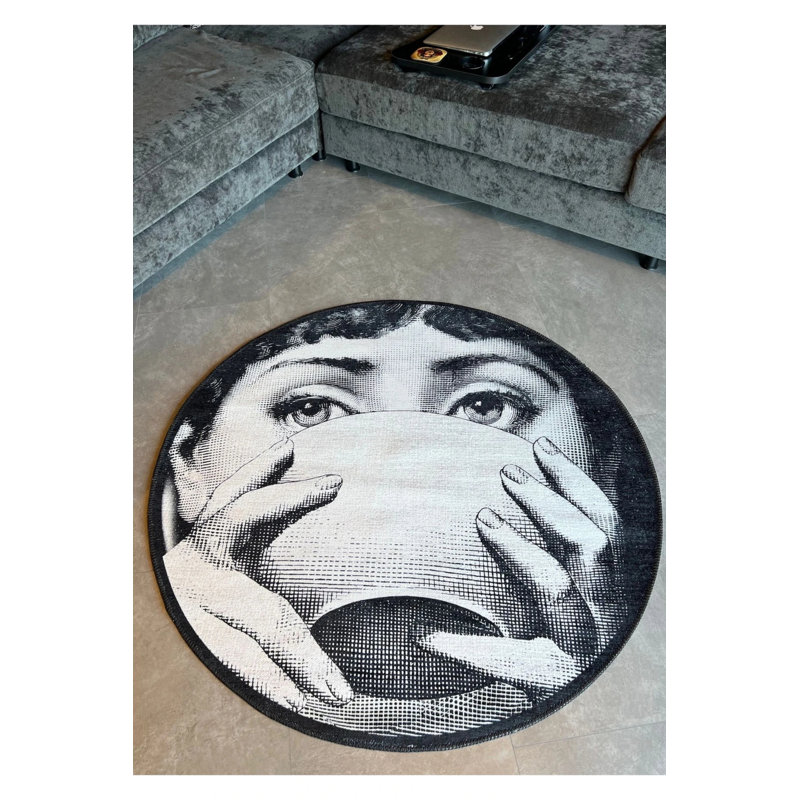 Face And Cup Themed Black And White Carpet, Round 4'