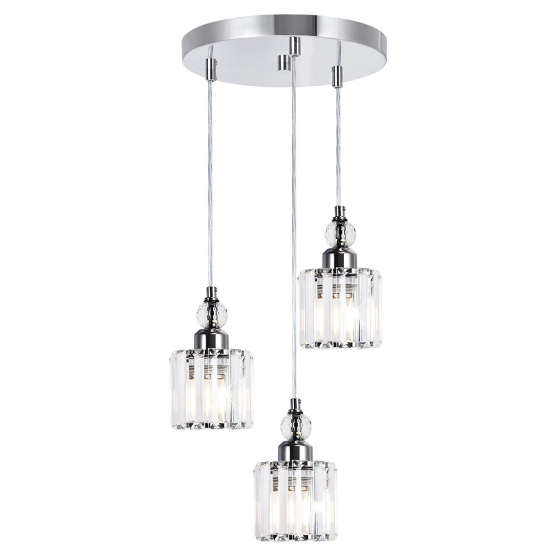 Luminaire suspendu cylindrique en cristal 3 lumières, Chrome