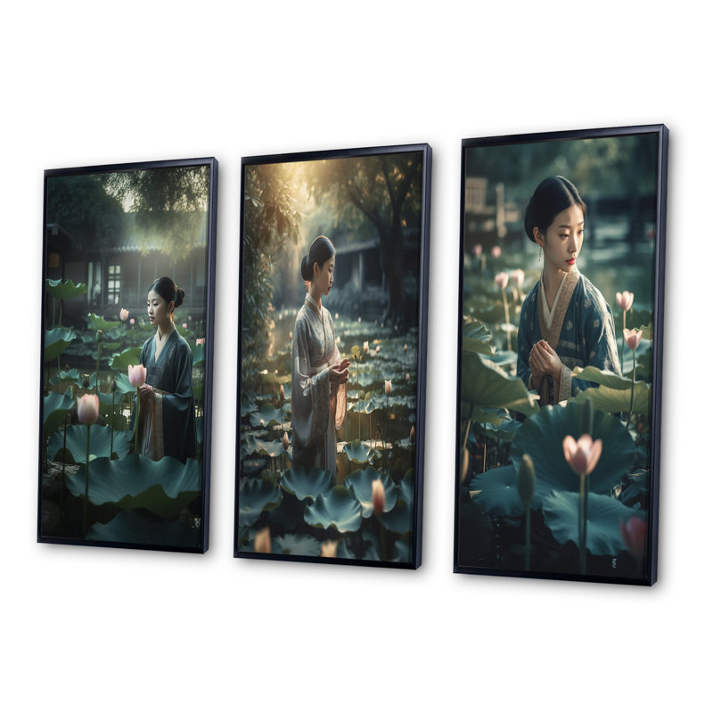 Asian Girl In Lotus Pond At Dawn - Asian Art, ensemble de 3 pièces, Cadre flottant noir, H 28 po x l 36 po