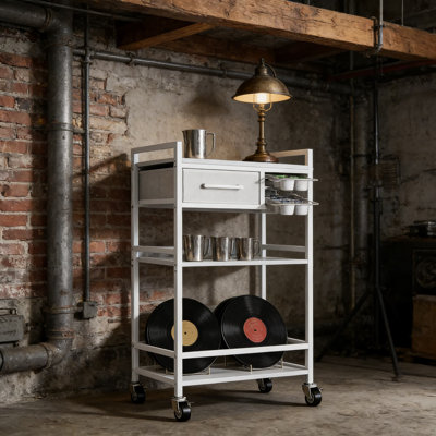 Chariot-bar à roulettes à 4 niveaux avec rangement, armoire à café mobile avec tiroirs K-Cup et bac en tissu, chariot multifonctionnel pour la cuisine et le salon