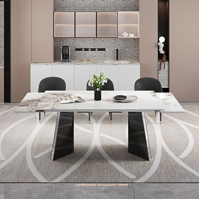 Ensemble de table de salle à manger 9 pièces en faux marbre avec plateau rectangulaire extensible en fritté de 94,5 po et 8 chaises en similicuir