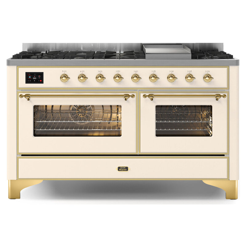 Majestic II 60" 5.02 cu. ft. Freestanding Dual Fuel Range with Griddle, Liquid Propane, White/Brass