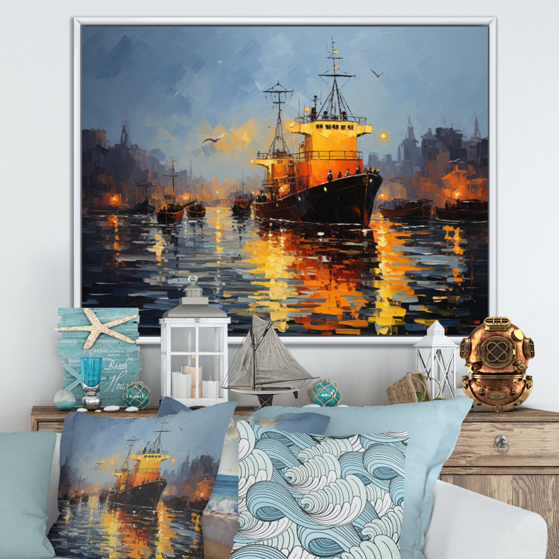 Port Harbor Symphony Pointillism, Cadre flottant blanc, H 34 po x l 44 po x P 1,5 po