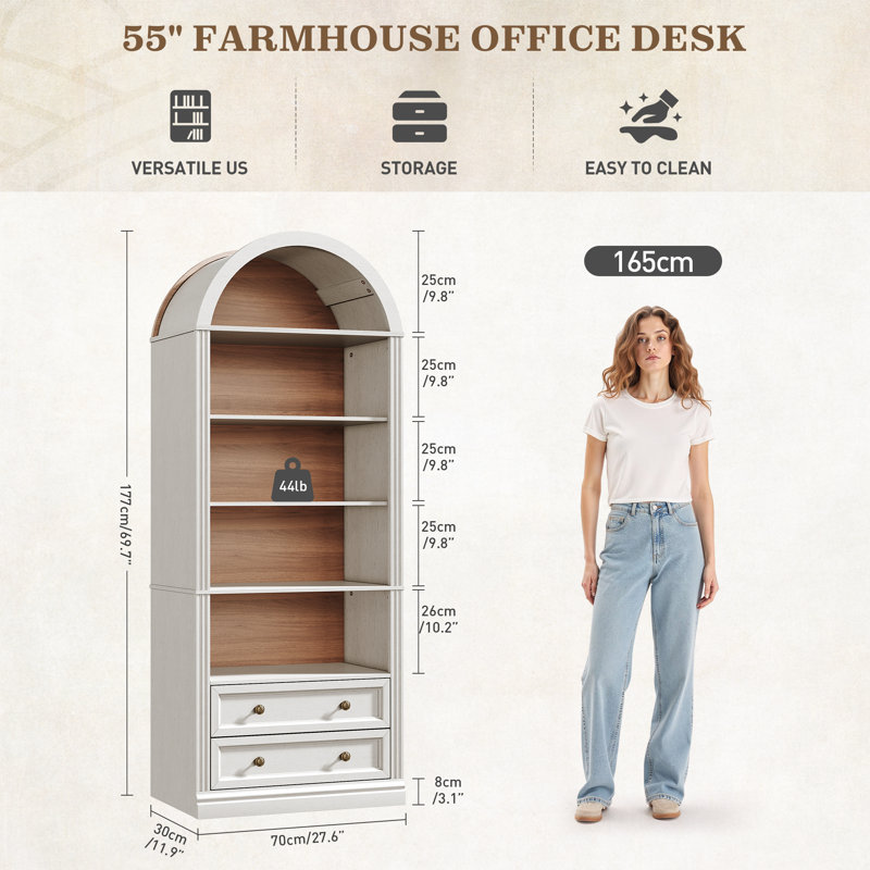 69.7" Farmhouse Arched Bookshelf with Open Display Shelves, 7 Tier Modern Bookcase with 2 Spacious Drawers and Cabinet