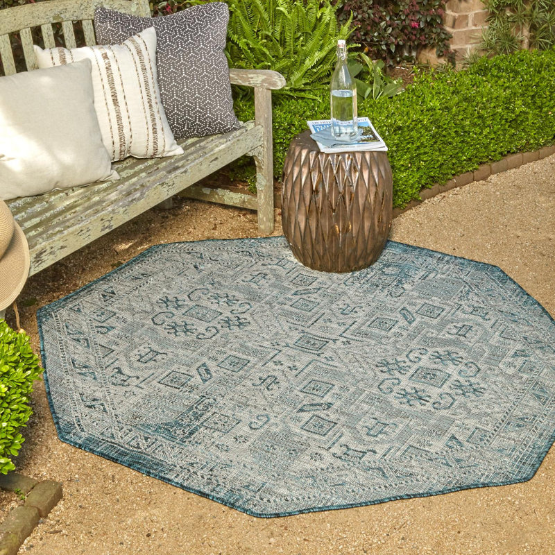Tapis bleu sarcelle intérieur / extérieur Danera, Octogone 5 pi 3 po x 5 pi 3 po