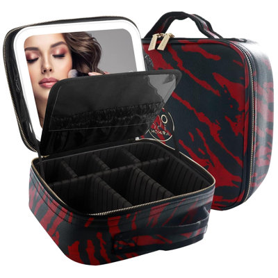 Travel Makeup Bag With LED Mirror,Train Case With Light Up Mirror, Portable Makeup Artist Organizer Bag With Adjustable Dividers, Makeup Brush Holder Storage(Zebra Red)