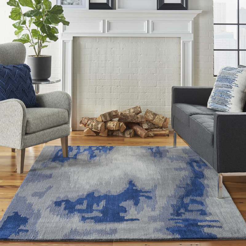 Tapis décoratif gris/bleu Touffeté à la main à motif abstrait LaVonne, Rectangle 3 pi 9 po x 5 pi 9 po