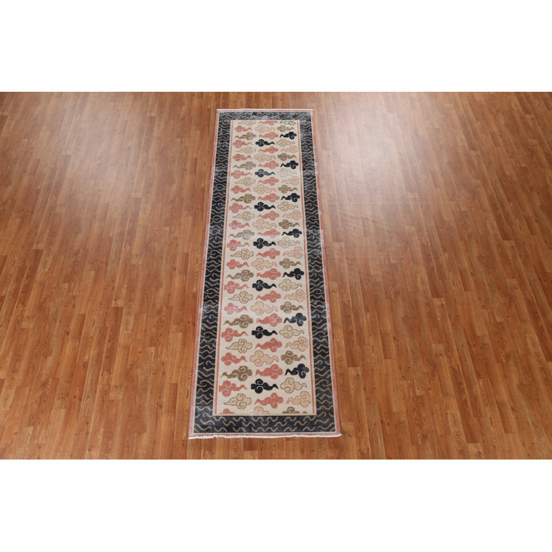 Tapis de couloir oriental géométrique Art Deco noué à la main 3 x 10