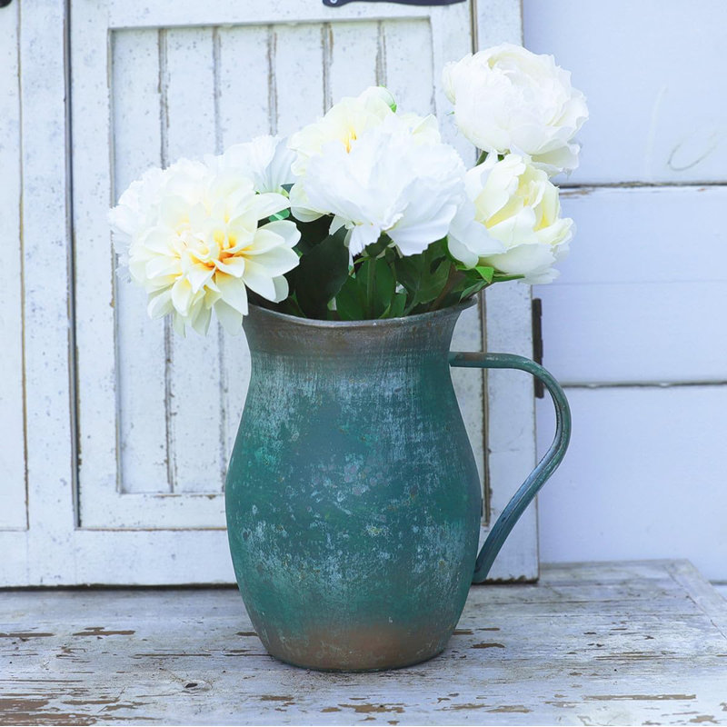 Vintage Green Metal Milk Jug Vase, Small Distressed Decor For Home, Farmhouse Style, Ideal For Artificial Flowers, Great Gift For Housewarming Or Mother's Day