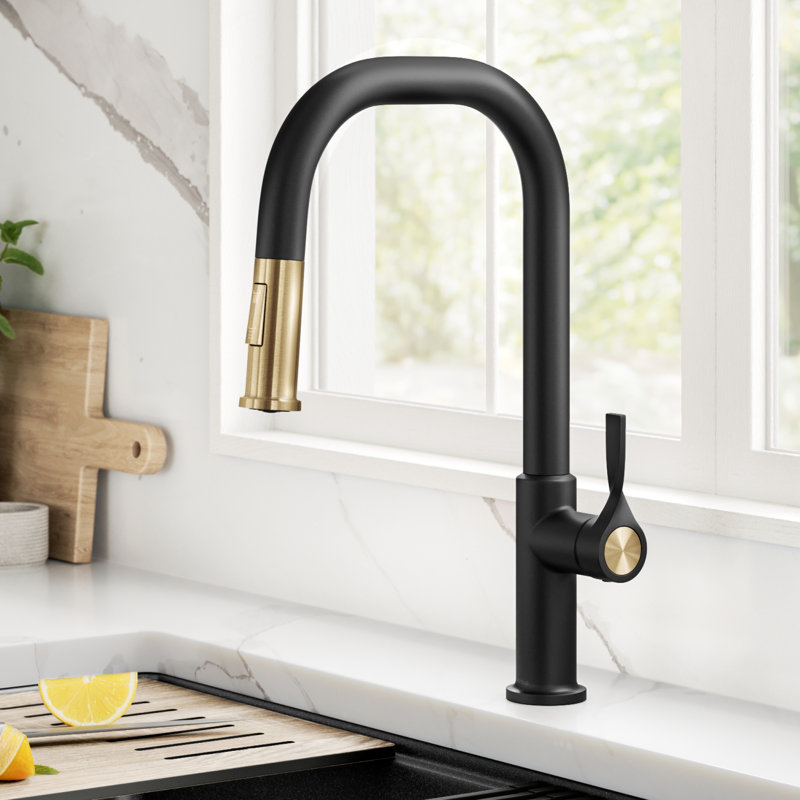 Kraus Torak 2-Function Single Handle Pull Down Kitchen Faucet, Brushed Brass/Matte Black