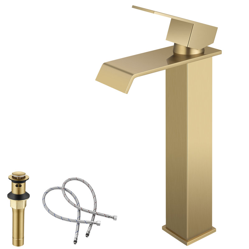 Brushed Gold Vessel Sink Faucet, Tall Vanity Waterfall Single Handle Bathroom Faucet, Modern Single Hole Lavatory Vanity Faucet, SUS304, Drain Included, Home Décor