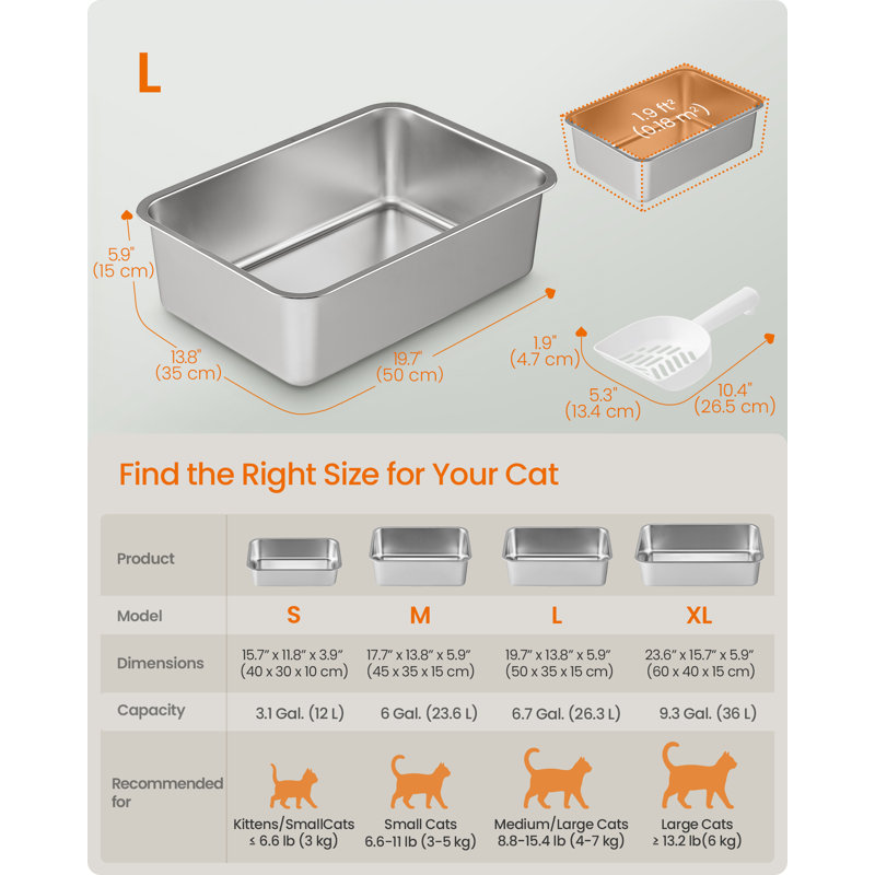 Boxal Stainless Steel Litter Box, 15cmH x 35cmW x 50cmD