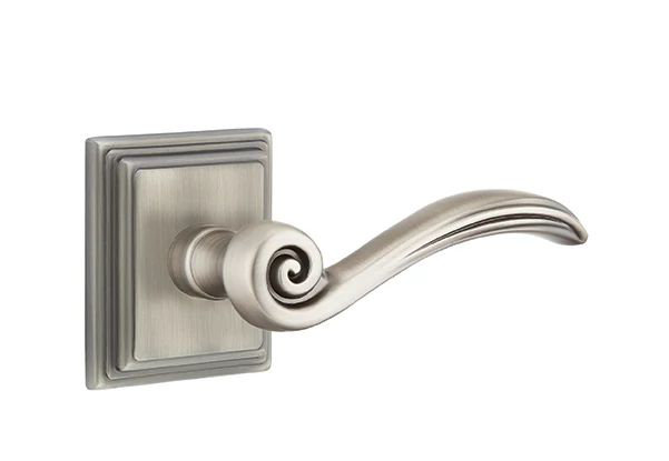 Mortaise intérieure Emtek Passage avec rosette Wilshire et levier Elan, Gauche, Nickel satiné
