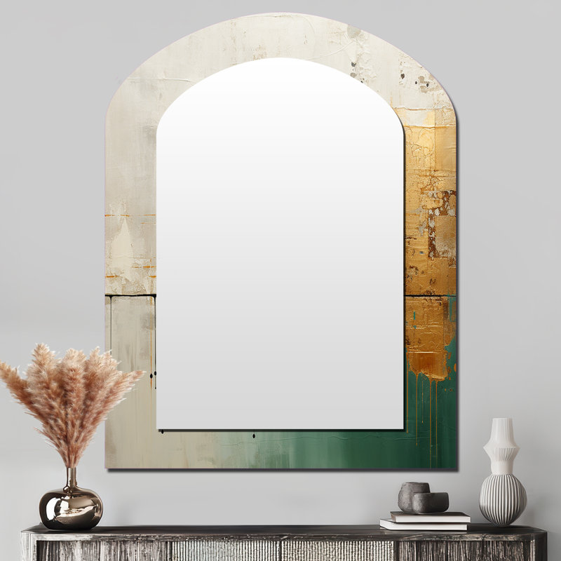 Minimalism Gold And Teal Horizon II - Abstract Painting Asymmetrical Mirror, Beige Arch Decorative Wall Mirror, Printed Metal Art