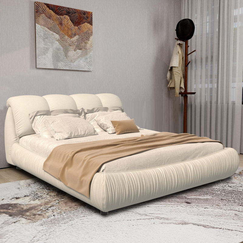Lit plateforme tapissier moderne en polyester avec pieds en bois massif, Beige, King