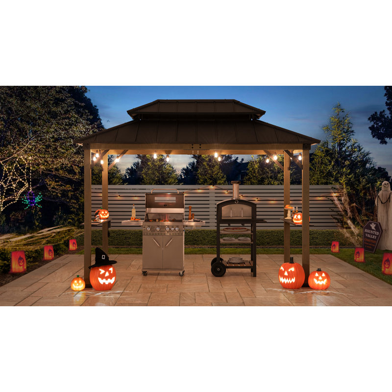 Sunjoy Sunjoy Wooden Grill Gazebo, 9.5 x 11.8 ft. Steel Hardtop Outdoor Gazebo for Year-Round Grilling, 2 Full Size Grills, Griddles or Smokers - Cook Station, Barbeque, Built-in Electrical Outlets