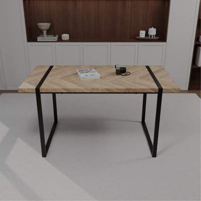 Table de salle à manger rectangulaire 59 po, 4 à 6, moderne avec pieds en bois noir et métal épais de 1,5 po, convenant à 6 personnes lors de fêtes de pendaison de crémaillère
