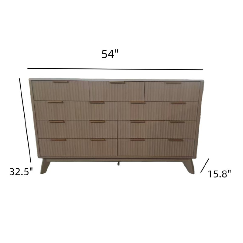 54in Wide 9 Drawer Dresser Wooden Chest of Drawers with Fluted Wave Pattern Metal Handles Modern TV Stand Dresser with Curved Profile Natural Oak