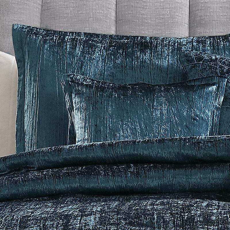 Royal Blue Crinkle Velvet King Comforter Set with Decorative Pillows
