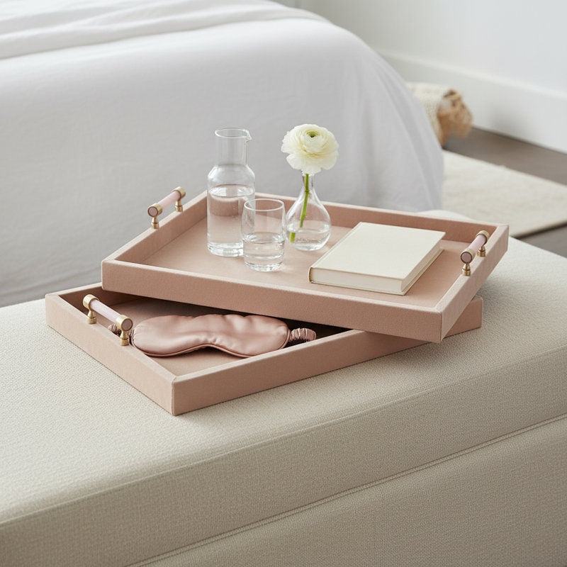 Selenite Handles Rectangular Suede Ottoman Tray - Versatile Decorative Tray For Coffee Table Or Home Decor Accent Tray - Set Of 2, 20", Tan