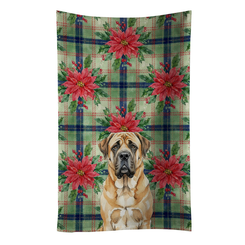 Apricot English Mastiff Christmas PoinsettIas Kitchen Towel, Apricot English Mastiff