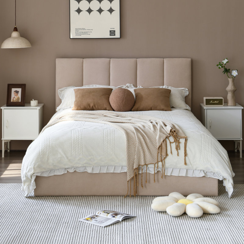 Juanetta Hydraulic Lift Up Storage Upholstered Platform Bed, Beige Linen, Queen