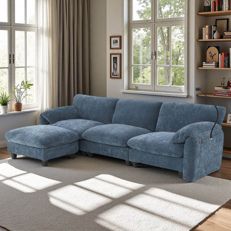 Canapé modulaire de 108 po en forme de L avec coussin de siège extra large de 31,5 po, chargeur USB et de type C, support pour téléphone et 2 poches de rangement latérales, repose-pieds à mouvement libre, chenille rayée